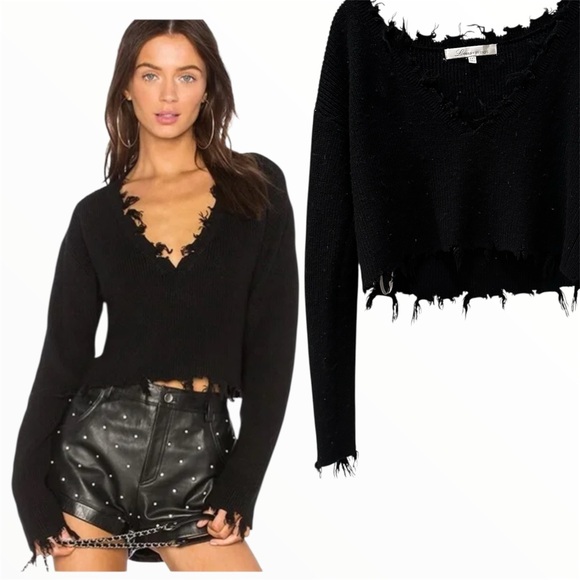 Lovers + Friends Black Cropped Distressed V-Neck Knit Revolve Sweater XXS - Picture 1 of 6